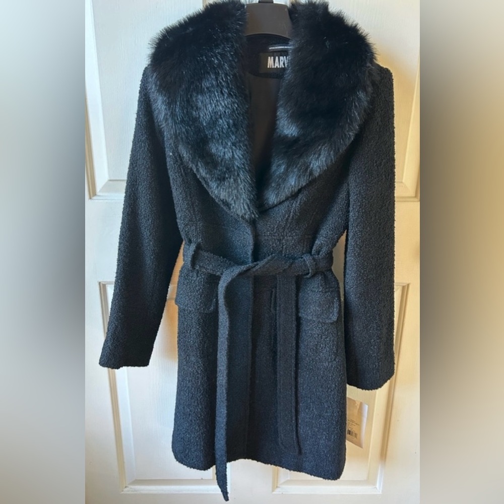 Marvin Richards Black Wool Boucle Belted Faux Fur Collar Coat M (runs small)